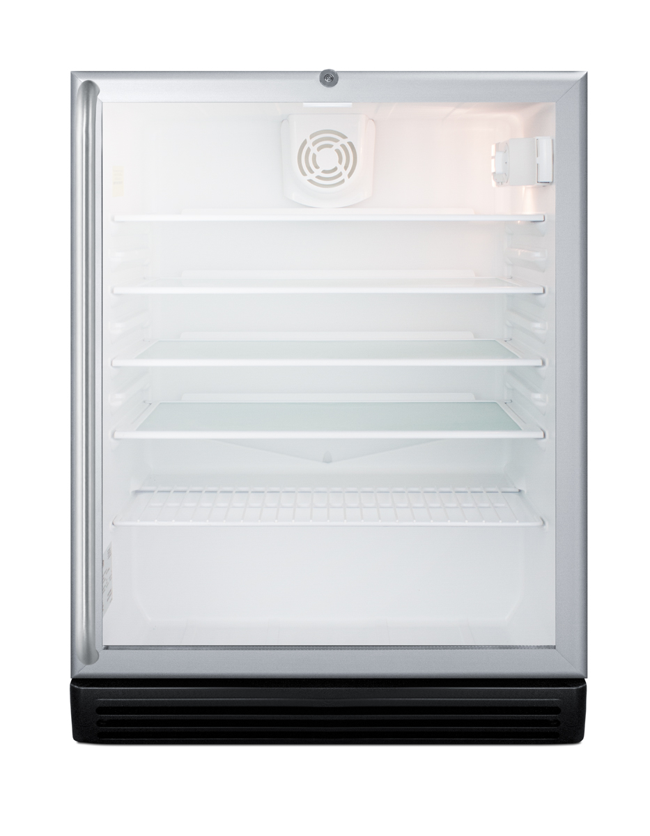 Commercially listed ADA compliant built-in undercounter beverage center with black cabinet, glass door, full-length towel bar handle, and lock